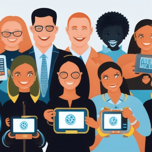 An image showcasing a diverse group of people representing different nonprofit organizations, smiling and holding up electronic devices displaying various cryptocurrencies, symbolizing the growing trend of accepting digital donations