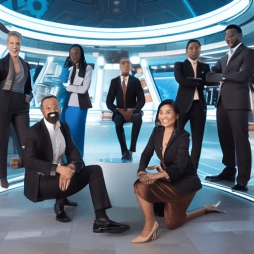 An image of a group of diverse individuals, dressed in business attire, surrounded by a futuristic cryptocurrency-themed environment