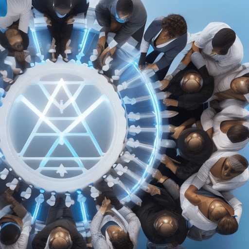 An image showcasing a diverse group of individuals from various nonprofit sectors, huddling around a futuristic, transparent cryptocurrency symbol, symbolizing innovation and collaboration in the nonprofit sector