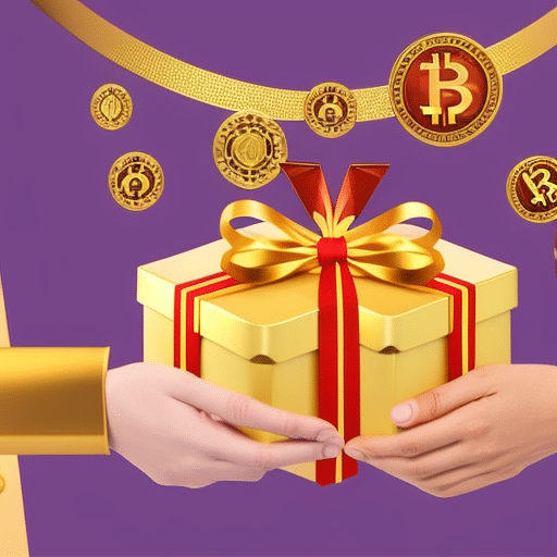 An image featuring a pair of hands exchanging a beautifully wrapped gift box adorned with crypto symbols