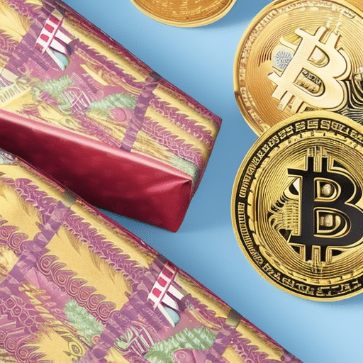 An image showcasing a beautifully wrapped gift box adorned with a Bitcoin logo ribbon, nestled among a stack of vibrant digital currency-themed wrapping paper and a selection of virtual gift cards