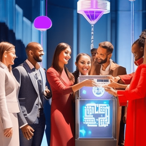 An image that depicts a diverse group of people interacting with a futuristic donation box, symbolizing the unlocking of generosity