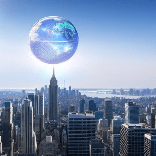 An image showcasing a futuristic cityscape with a transparent globe at its center, emitting vibrant beams of light, symbolizing Binance Charity's groundbreaking use of blockchain technology to transform philanthropy globally