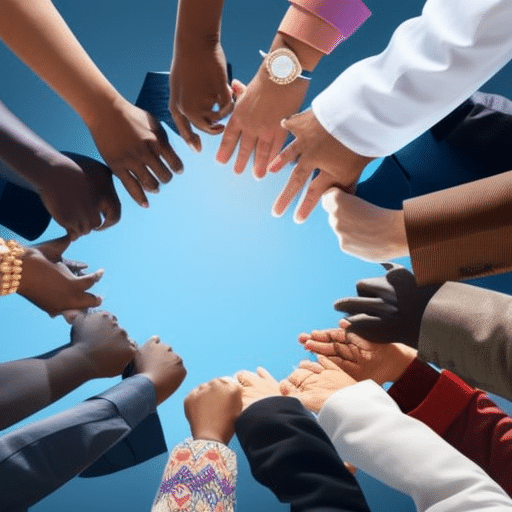 An image showcasing a diverse group of people from various countries and backgrounds, joining hands in a circle, symbolizing unity and empowerment, while a blockchain network connects them, representing the revolutionary impact of the Blockchain Charity Foundation on philanthropy