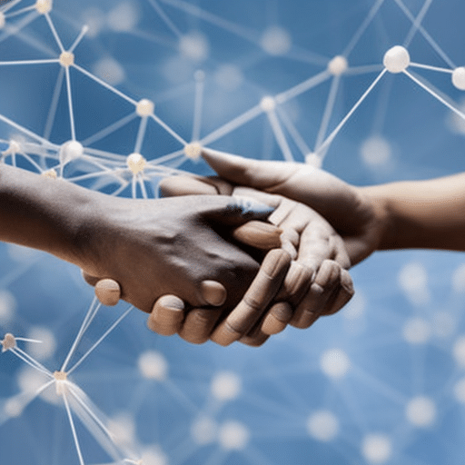 An image showcasing a network of interconnected hands, each representing a different charitable cause, being linked together by blockchain technology, symbolizing the revolutionized and transparent nature of humanitarian aid