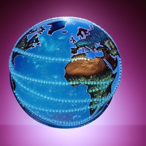 An image of a transparent globe, interconnected with blockchain nodes, radiating vibrant colors