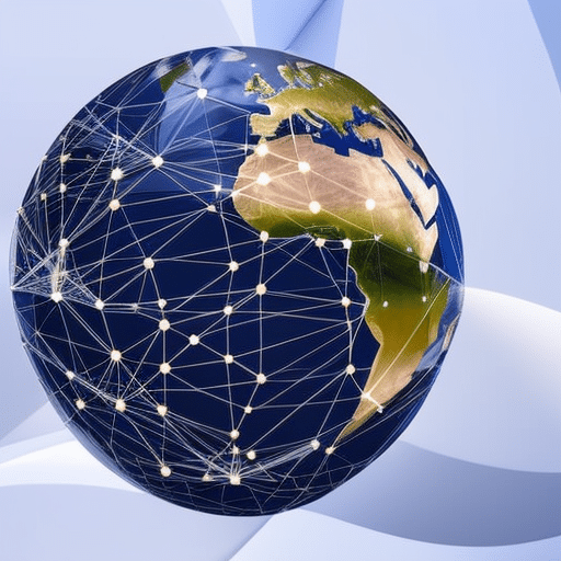 An image of a globe enveloped in a interconnected web of transparent blocks, symbolizing blockchain technology, with small icons representing various charitable causes scattered across the globe, showcasing how blockchain revolutionizes charity during the Covid-19 crisis