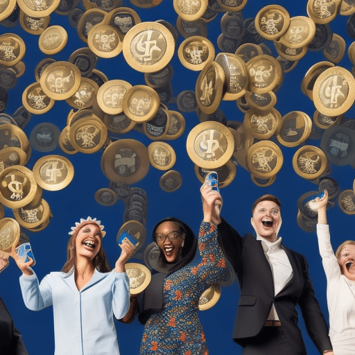 An image depicting a diverse group of people holding smartphones, surrounded by vibrant digital currency symbols floating in the air