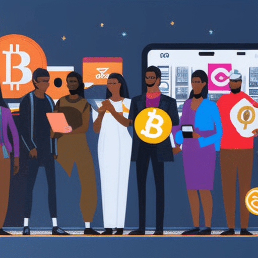 An image showing a diverse group of people donating cryptocurrency to various nonprofit organizations using smartphones and laptops, with digital wallets displayed on screens and a prominent "crypto" symbol in the background