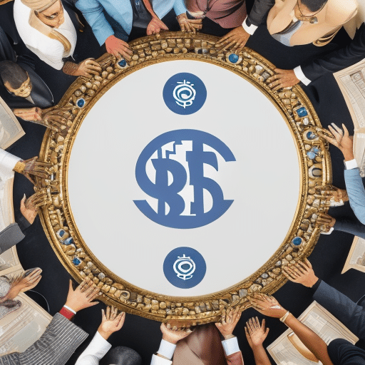 An image depicting a diverse group of people holding hands in a protective circle around a pile of cryptocurrency symbols, while a magnifying glass hovers above, representing the Charity Commission's call for caution with cryptoassets
