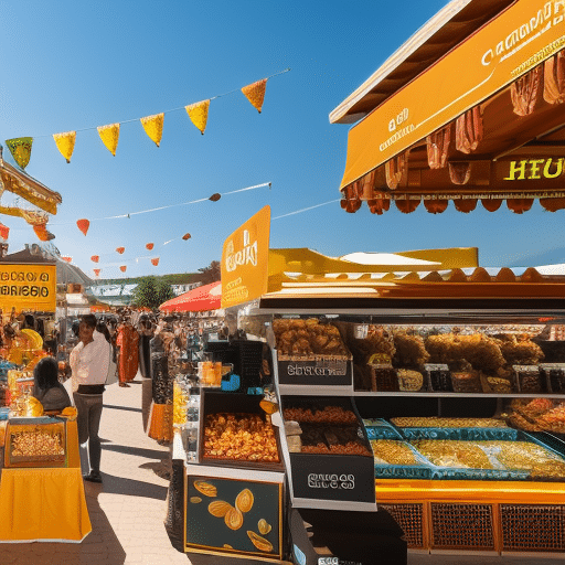 An image showcasing a vibrant, bustling marketplace filled with diverse food stalls and people from all walks of life