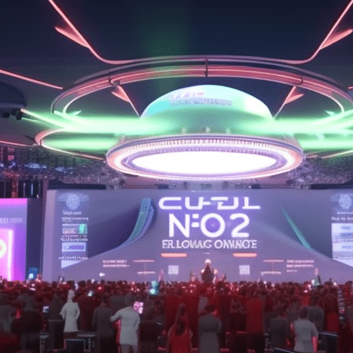 An image showcasing a futuristic, bustling nonprofit fundraising event