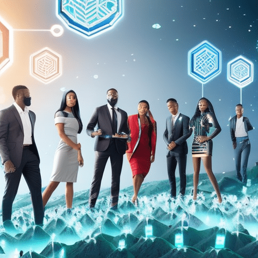 An image showcasing a diverse group of people, immersed in a glowing digital landscape, exchanging various cryptocurrencies with the aid of futuristic technology, emphasizing the surge in crypto donations during the year-end giving season