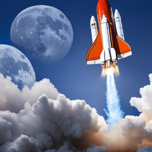 An image showcasing a rocket breaking through the clouds, with Bitcoin symbols trailing behind, soaring towards the moon