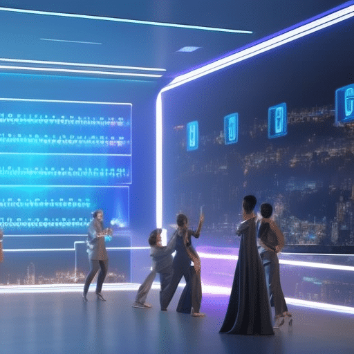 An image showcasing a diverse group of people interacting with futuristic holographic screens, symbolizing the potential of crypto donations to empower nonprofits and revolutionize philanthropy