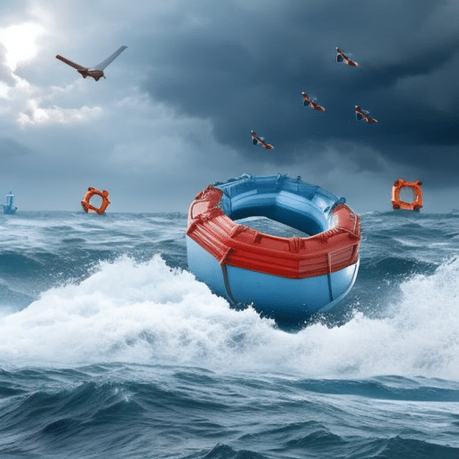 An image depicting a stormy ocean with sinking ships and a shattered lifebuoy, symbolizing the record low of crypto fundraising