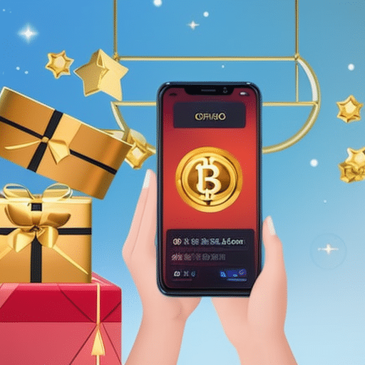 An image showcasing a festive scene with a beautifully wrapped digital currency gift box, a smartphone with a crypto wallet app, and two individuals joyfully exchanging the gift, emphasizing the process of sending and claiming digital currency presents