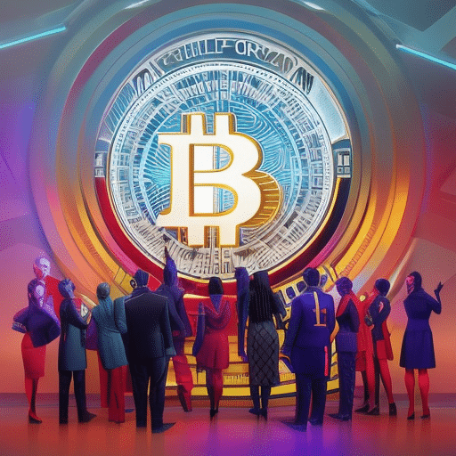 An image showcasing a diverse group of people exchanging digital currency, symbolizing the revolution of crypto-philanthropy