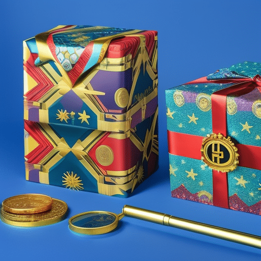 An image showcasing a festive gift box wrapped in colorful cryptocurrency-themed wrapping paper, with a magnifying glass highlighting a tax form inside the box