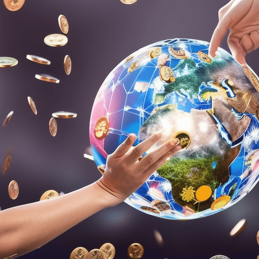 An image showcasing a dynamic, futuristic world where hands are depicted dropping colorful cryptocurrency coins into a transparent globe, symbolizing the revolutionary impact of digital currencies on nonprofit donations