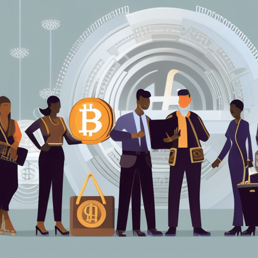 An image depicting a diverse group of people, each holding a different cryptocurrency symbol, standing beside a digital wallet