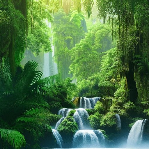 An image depicting a lush rainforest scene with various wildlife and plants, while incorporating symbolic elements of cryptocurrency like digital coins or blockchain technology subtly integrated into the environment