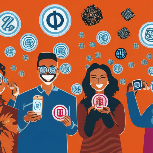 An image of a diverse group of people surrounded by vibrant digital currency symbols, holding devices displaying QR codes