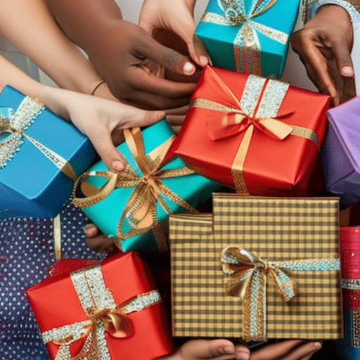 An image showcasing a diverse group of people exchanging wrapped gifts, with each box containing a unique cryptocurrency symbol on its tag