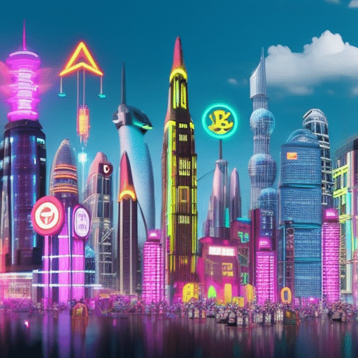 An image showcasing a futuristic digital cityscape, with towering buildings adorned with neon signs featuring various cryptocurrencies