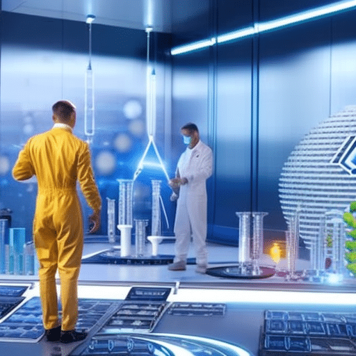An image showcasing a futuristic laboratory scene with scientists utilizing cutting-edge technology, surrounded by vibrant cryptocurrency symbols, as they conduct groundbreaking research that is transforming lives