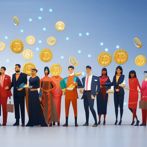 An image depicting a diverse group of individuals happily donating various cryptocurrencies to different charitable causes