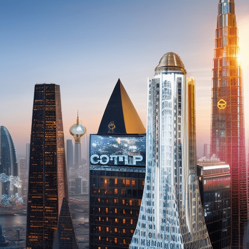 An image showcasing a futuristic cityscape with crypto logos adorning skyscrapers