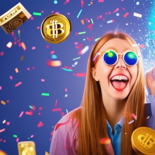 An image capturing the excitement of a surprised loved one receiving a digital wallet, with colorful confetti falling around them, their eyes widening in astonishment, and a cryptocurrency symbol glowing on the screen