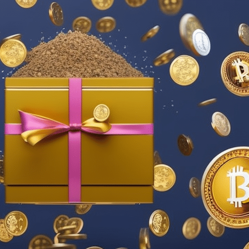 An image that showcases a colorful gift box bursting with excitement, filled with cryptocurrency symbols and icons