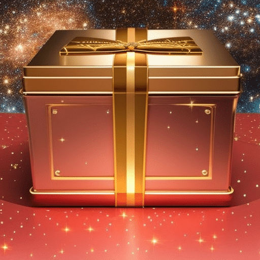 An image showcasing a beautifully wrapped gift box, adorned with a shiny gold bow, concealing a digital wallet loaded with various cryptocurrencies