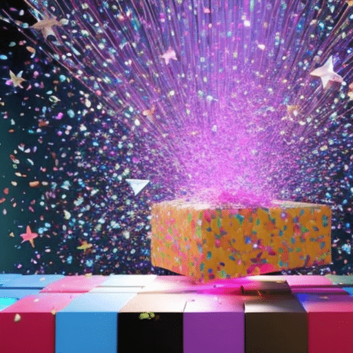 An image of a beautifully wrapped gift box bursting with colorful confetti, as it opens, revealing a holographic representation of various cryptocurrencies floating out, sparkling with excitement and possibility