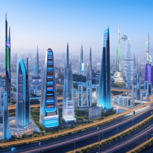An image showcasing a vibrant, futuristic cityscape with a bustling blockchain ecosystem