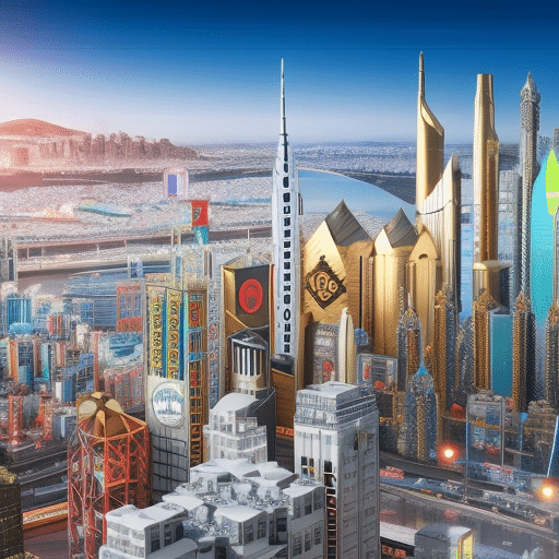 An image that depicts a futuristic cityscape with numerous buildings adorned with colorful cryptocurrency logos