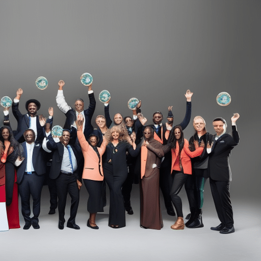 An image showcasing a diverse group of individuals, each holding a unique cryptocurrency symbol, as they joyfully donate to various charitable causes through The Giving Block's innovative platform