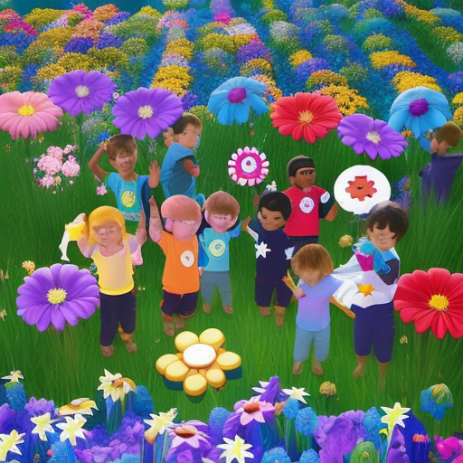 An image showcasing a joyful, diverse group of seriously ill children surrounded by vibrant, blooming flowers