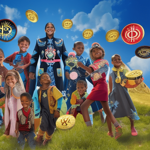 An image showcasing a group of diverse children beaming with joy, surrounded by a digital landscape of cryptocurrency symbols and icons, symbolizing the transformative power of cryptocurrency donations in empowering their lives