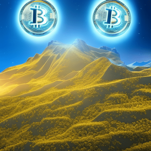 An image showcasing a vibrant digital landscape, where a mesmerizing Bitcoin emblem shines brightly