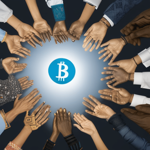 An image of a diverse group of hands, each holding a different cryptocurrency symbol, reaching towards a globe with a glowing heart at its center, representing the global impact of cryptocurrency donations