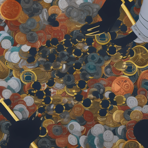 An image showcasing a diverse group of people, representing various nonprofit organizations, exchanging digital coins in a vibrant marketplace