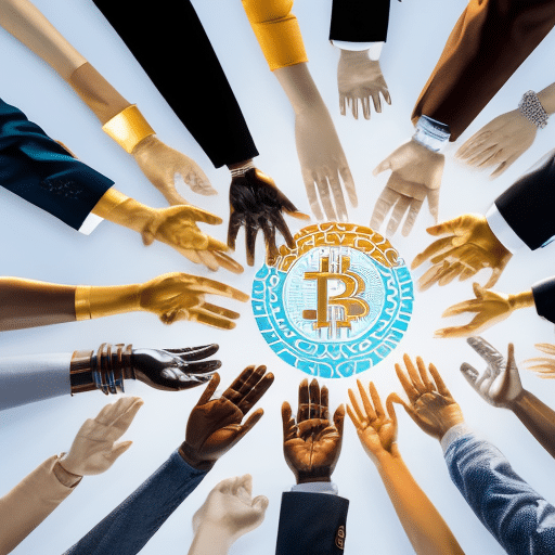 An image showcasing a diverse group of individuals representing various non-profit organizations, their hands outstretched towards a vibrant, interconnected network of cryptocurrency symbols, symbolizing the potential for empowering non-profits through this digital revolution