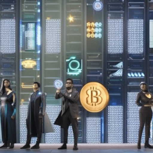 An image featuring a diverse group of individuals surrounded by futuristic, translucent screens displaying various cryptocurrencies