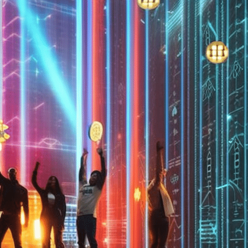An image showcasing a diverse group of people, each holding devices with various cryptocurrency symbols, as vibrant beams of light emanate from the screens, symbolizing the transformative potential of crypto fundraising