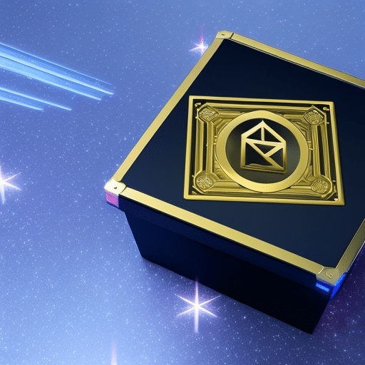 An image showcasing a beautifully wrapped gift box, adorned with a crypto-themed ribbon, sitting atop a futuristic digital background